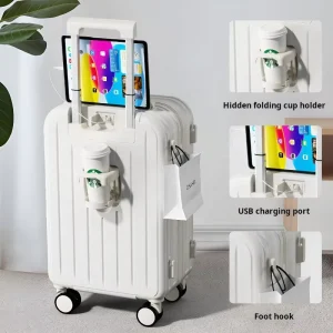 3pcs Suitcase with Cup Holder and USB Charging Port Carry-on Case Multi-Functional Hard Shell Luggage Set