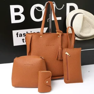 4 Piece PU Leather Crossbody Bag Set Lady’s Fashion Large Capacity Lychee Pattern Single Shoulder Handbag Two Straps