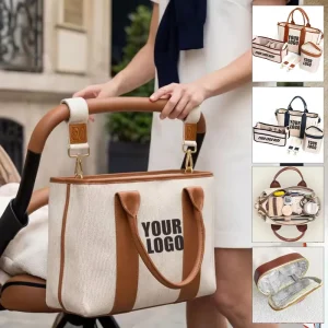 5-Piece Diaper Bag Set Canvas Tote Crossbody Bag Custom Two Straps Open Foldable Wet Pocket Baby Bag for Mom or Daily Use