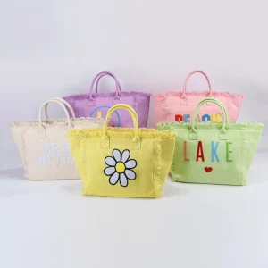6 Bright Color Fringe Beach Canvas Tote Bag Custom Embroidery Logo Zipper Closure Women Travel Shoulder Tassel Canvas Tote Bag