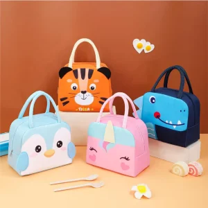 600D Cartoon Animal Prints Insulated Thermal Lunch Bag Portable Dinosaur Unicorn Print Cooler Bag for Kids School Picnic