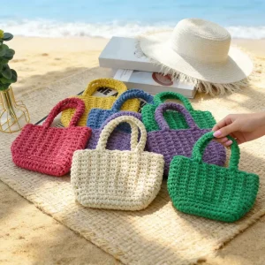 7 Colors Beach Tote Bag Handmade Colorful Woven Bag Portable Summer Vacation Handbag Simple Travel Purse Womens Handbags