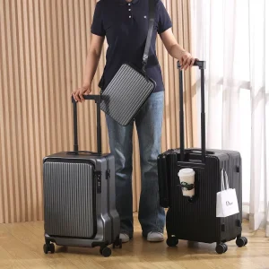 Aluminum Frame PC Suitcase Front Open Side Open Pocket Luggage with Phone Holder and USB Charging Port Carry-On Luggage