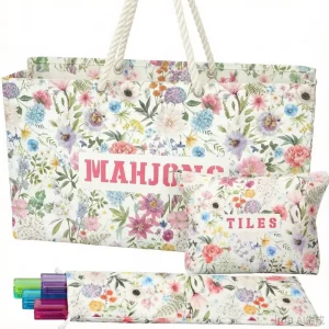 American Mahjong Storage Bag 3 Piece Set Beige Printed Tote Cosmetic Pouch Multifunctional