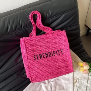 Autumn Spring Fashion Large Capacity Ladies Beach Bag Custom Logo Embroidered Straw Bag with Zip Closure Two Portable Handles