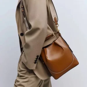 BLL0070 Women’s Luxury Fashion Korean Style Brown PU Leather Handbag with Buckle Strap Portable Bucket Bag