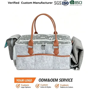 Baby Diaper Caddy Organizer Lid Felt Material Zipper Closure Portable Diaper Tote Bag Multiple Compartments Travel Baby Bag