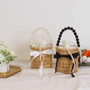 Beach Pearl Chain Shoulder Bag Women’s Handwoven Handbag Straw Rattan Crossbody Handbag Mini Bucket Bag with Silk