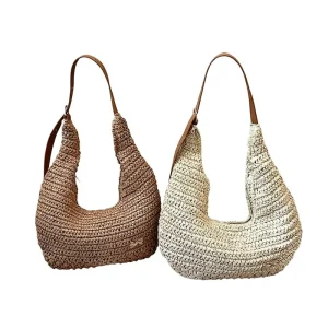 Beach Vacation Women’s Trendy Vintage Handmade Woven Shoulder Bag Large Capacity Straw Zipper Closure Summer