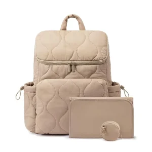 Beige Lightweight Polyester Quilted Diaper Bag Large Capacity Baby Backpack Insulated Bottle Pouch Multifunctional Bag