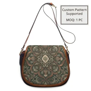 Bespoke Green & Brown Scroll Crossbody Purse with Strap Customizable Surface MOQ: 1 PC Personalized Retro Floral Saddle Bag