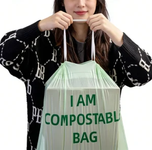 Biodegradable Compostable Durable 30 Micron Drawstring Garbage Bags with PBAT+PLA+Corn Material Gravure Printing Custom Size