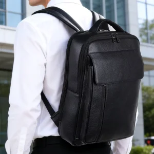 Black Full Grain Leather School Backpack Real Cowhide Genuine Pebble Leather Business Laptop Backpack Bags