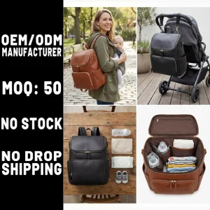 Black Genuine Leather Nappy Backpack Multi-Purpose Leather Diaper Bag with Soft Lining Spacious Pockets
