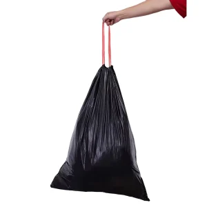 Black PE Garbage Bag With Custom Logo Heavy Duty Biodegradable Drawstring Trash Heat Sealed Packaging