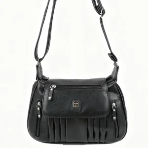 Black PU Leather Crossbody Bag for Women Pleated Flap Multi Zipper Shoulder Bag Women Messenger Bag for Daily Travel