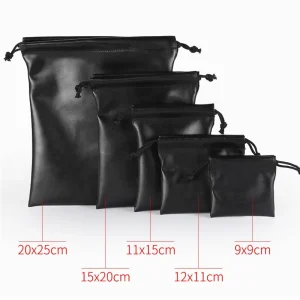 Black PU Leather Jewelry Packaging Pouch Custom Logo Drawstring Jewelry Gift Bag