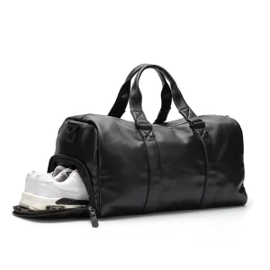 Black Portable Waterproof Gym Bag Male PU Leather Dry Wet Separation Sports Training Travel Duffel Bag