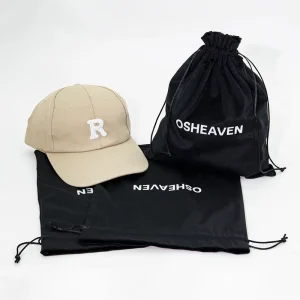 Black Soft Satin Silk Drawstring Bag Cap & Hat Dust Bag with White Logo