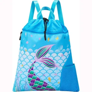 Blue Mermaid Kids Waterproof Gym Drawstring Backpack Sports and Beach Bag with Zippered Pocket