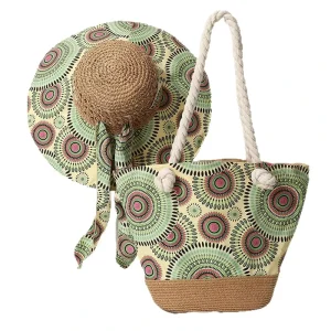 Bohemian Circle Print Straw Tote Bag Matching Wide Brim Sun Hat Set Thick Rope Handle Large Capacity Beach Vacation Shoulder Bag