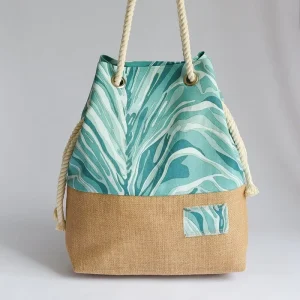 Bohemian Style Canvas Beach Bag New Leaves Pattern Open Closure Cotton Tote for Travel and Shopping