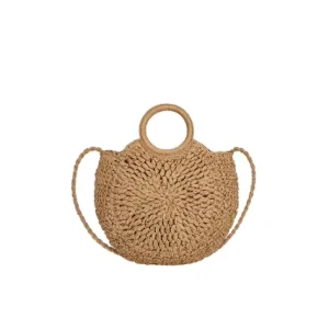Bohemian Woven Straw Beach Bag with Zip Closure Thread Pattern Large Capacity Circular Handle for Women’s Outdoor Handbag