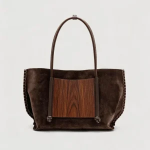 Brown Women Suede Leather Vintage Fashion Classic Wooden Texture Thread Decorated Two Zipper Rivet Medium Commut Handbag