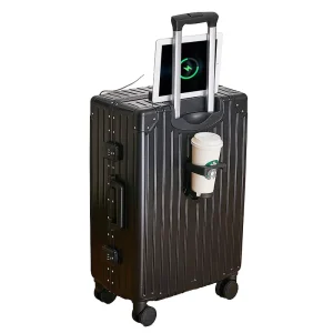 Carry on Luggage All Aluminum Frame Suitcase With Cup Holder Mute Universal Wheel USB Charge Port Trolley Bag