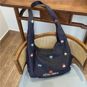 Cartoon Embroidery Denim Crossbody Bag for Women Large Capacity Ladies Shoulder Bag College Style Girls Tote Handbag