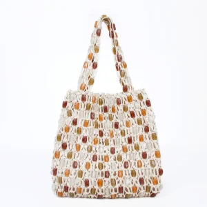Casual Beaded Bag Women’s Fashion High end Woven Open Two Handles Plaid Hollow Wooden Beads Beach Shoulder Bag