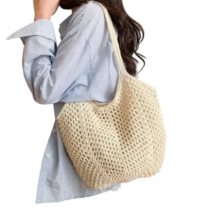 Casual Seaside Beach Tote Bag Hand woven Polyester Large Capacity Holiday Woven Hollow Design Spring Open ended