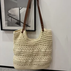 Casual Tote Bag Featuring Large Capacity Openwork Design Fashionable Zippered Shoulder Bag Crocheted Beach Bag