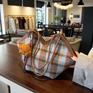 Check Pattern Large Capacity Crossbody Bag Casual Canvas Tote Retro Style for Women Daily