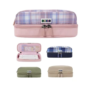 Checked Plaid Retro Nylon Zipper Closure Medium Capacity Pencil Pouch Travel Office Cosmetic Organizer Portable Bag