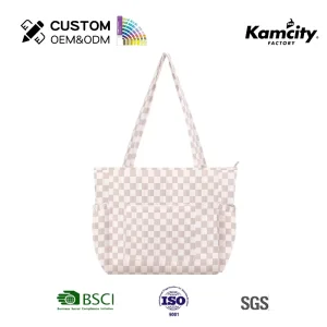 Checkerboard Tote Bag Corduroy Large Capacity Shoulder Handbag Side Pockets Zipper Travel Shopping Purse for Women Fashion Gifts