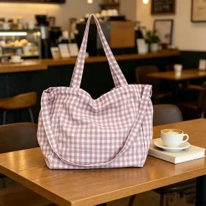 Checkered Canvas Tote Bag Large Capacity Shoulder Crossbody Reusable Shopping Handbag for Women Travel Beach Daily
