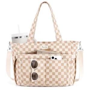 Checkered Corduroy Tote Bag Teachers Pockets Adjustable Girls Closure Canvas Manufacturer Custom