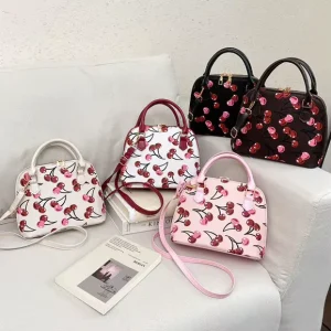 Cherry Print Mini Dome Handbag Women’s Cute Zipper Crossbody Bag New Fashion Shell Shoulder Purse with Detachable Strap