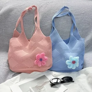 Chic Vintage Floral Tote Bags for Women Large Capacity Handmade Patterns Two Straps Hollow Beach Fashionable