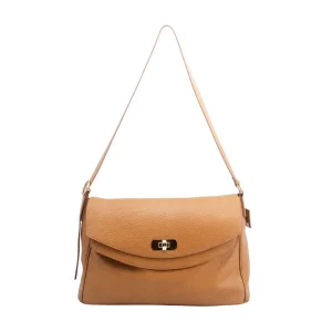 Classic Brown Genuine Leather Shoulder Bag with Flap and Metal Lock Women’s Crossbody Tote Handbag