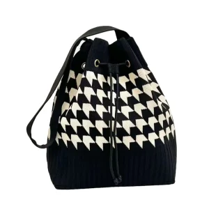Classic Contrasting Color Geometric Knitted Breathable Lightweight Drawstring Bag Bucket Bag