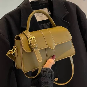Classic Design Luxury Style Women’s Small Flap Crossbody Bag PU Leather Top Handle Bag with Belt Buckle Closure