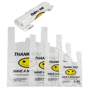 Clear Durable HDPE Plastic Smile Face Gusset Thank You T Shirt Shopping Bag for Supermarket & Grocery Shopping