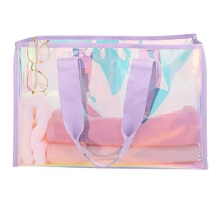 Clear PVC Large Tote Bag Waterproof Iridescent Shoulder Bag Women Daily Handbag with Phone Pouch for Work Gym Pool Beach Cruise
