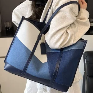 Color Blocked Denim Canvas Patchwork PU Edge Large Capacity Shoulder Bag