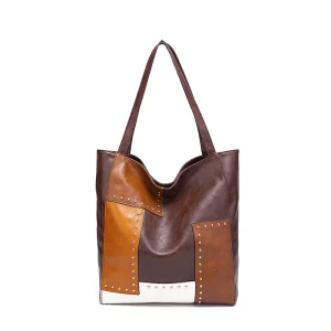 Colorblock Casual Shoulderbag Retro High Quality Fashion PU Rivet Color Splicing Large Capacity Shoulder Tote for Women