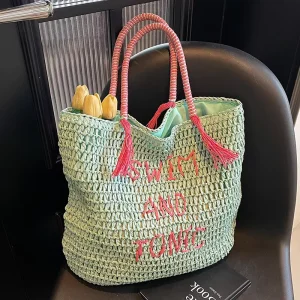 Colorblock Straw Beach Tote Luxury Travel Vacation Knitted Shoulder Bag Handwoven Tassel Raffia Purse Holiday Tote Bags
