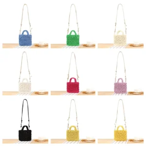 Colorful Cotton Rope Handmade Crochet Square Cross Body Bag Hollow Summer Casual Handbag Zipper Portable Recycle Beach Bag