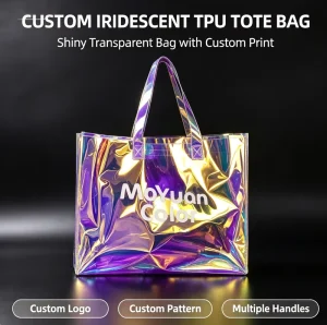 Colorful Holographic PVC TPU Waterproof Durable Tote Bag Iridescent Rainbow Laser Clear Shopping Bag Two Open Custom Logo for